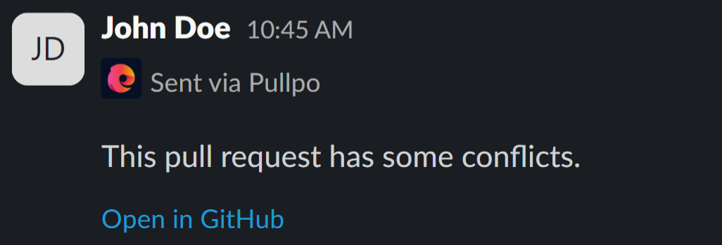 A standalone comment on Slack sent by Pullpo impersonating the author.